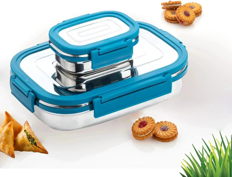 BLLUEX Stainless Steel Leak Proof, Airtight Lunch Box/Tiffin Box for Office, School, 2 Containers Stainless Steel, Plastic School Lunch Box(1000 ml)