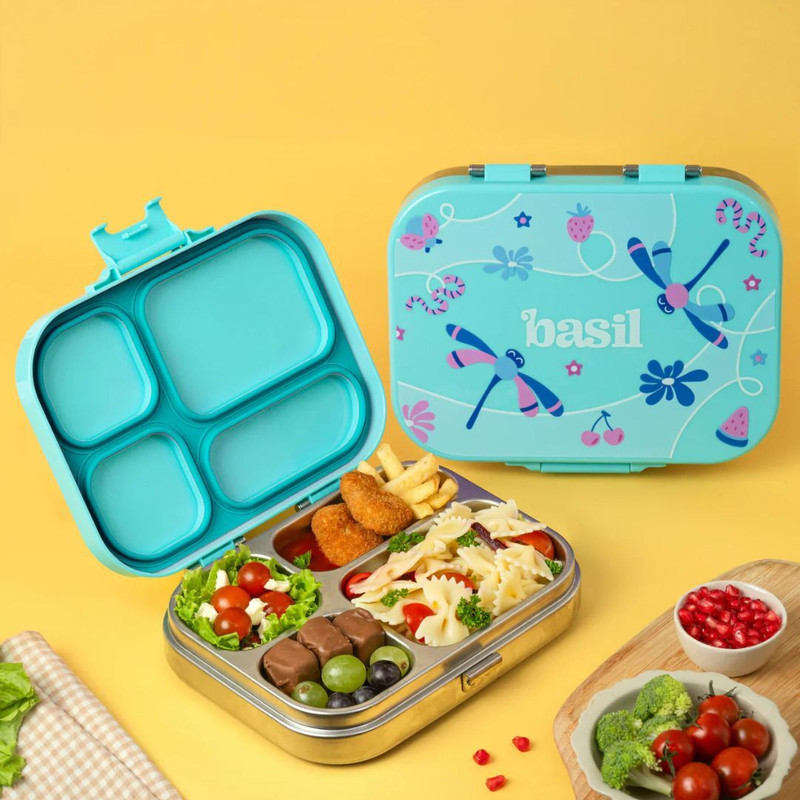 BASIL Stainless Steel 4 Compartment Bento Lunch Box, BPA-Free Lid, 800ml - Teal Garden 1 Containers Stainless Steel Office Lunch Box(800 ml)