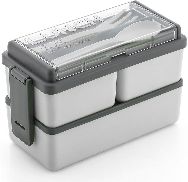 DDecora Compartment Grey Color with Spoon and Fork Office School 3 Containers Plastic School Lunch Box(1500 ml)