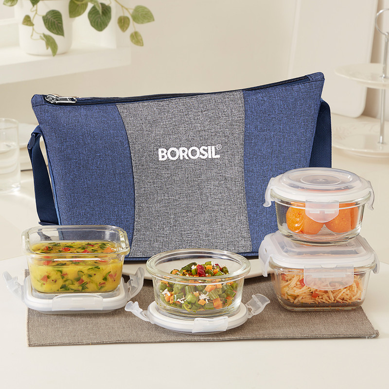 BOROSIL Alora Daisy Borosilicate Glass Lunchbox, 4pc Set (320ml x 2 + 240ml x 2), Tiffin 4 Containers Glass Office Lunch Box(1120 ml)