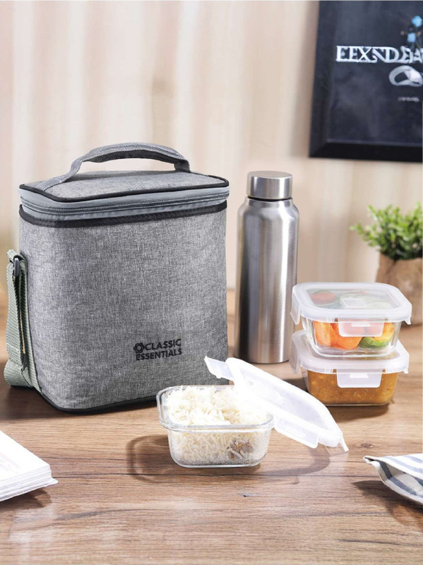Classic Essentials BOSTON Borosilicate Glass Lunchbox set with Bottle | Square Set (400 ml Each) 3 Containers Glass Office Lunch Box(1200 ml, Microwave Safe)