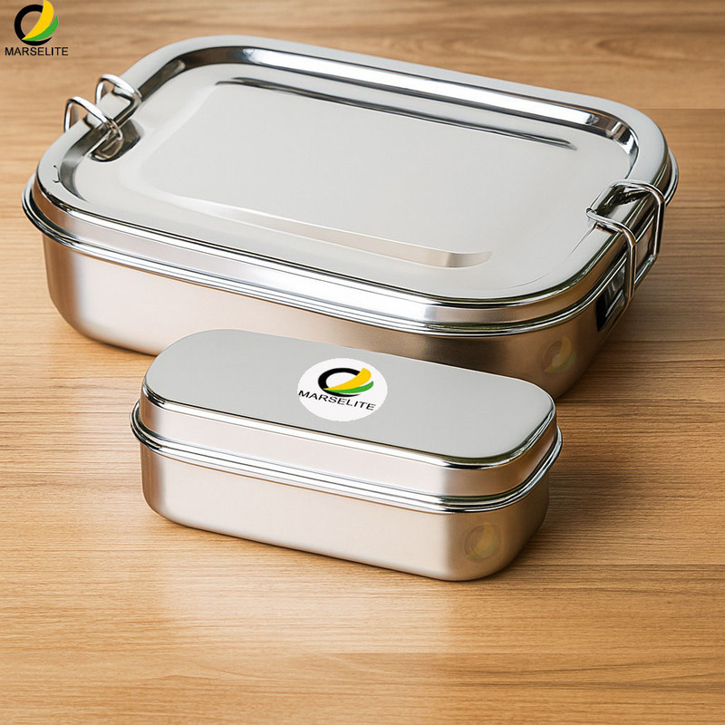 MARSELITE Heavy Duty Stainless Steel Lunch Box Compact Design with Inner Mini Box 2 Containers Stainless Steel School Lunch Box(850 ml)