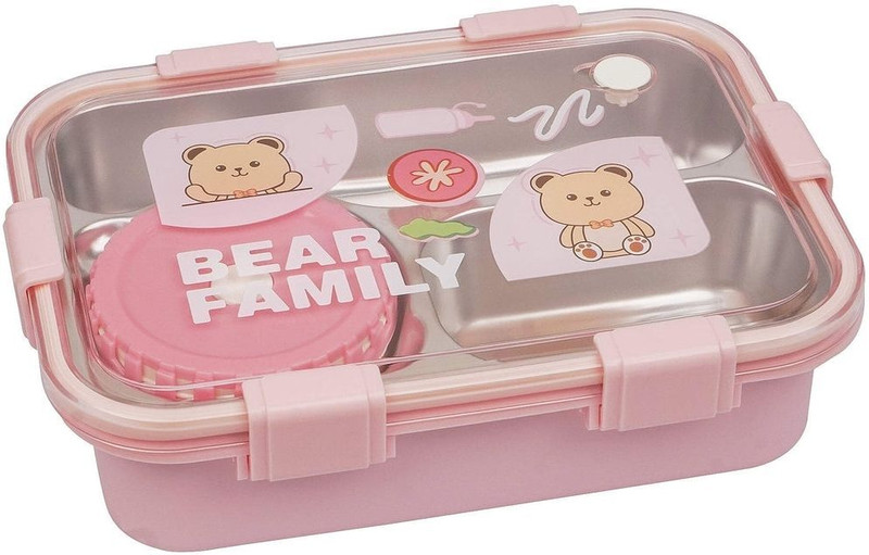 GIFTNIK Bear family stainless steel 3 compartment lunch box 3 Containers Stainless Steel School Lunch Box(750 ml)