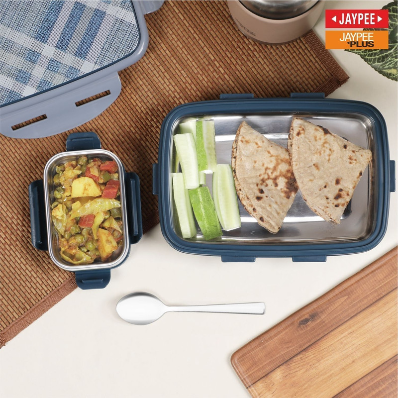 JAYPEE Senior Lunch Box Benz Blue 4 Side Clip Lock Tiffin Box for School Kids 1 Containers Stainless Steel School Lunch Box(550 ml)