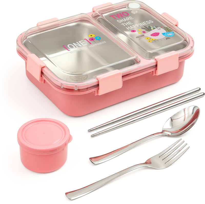 NAVTAN Kawaii Bear Family 3 Section Stainless Steel Lunch Box With Spoon & Chopsticks 3 Containers Stainless Steel School Lunch Box(750 ml)