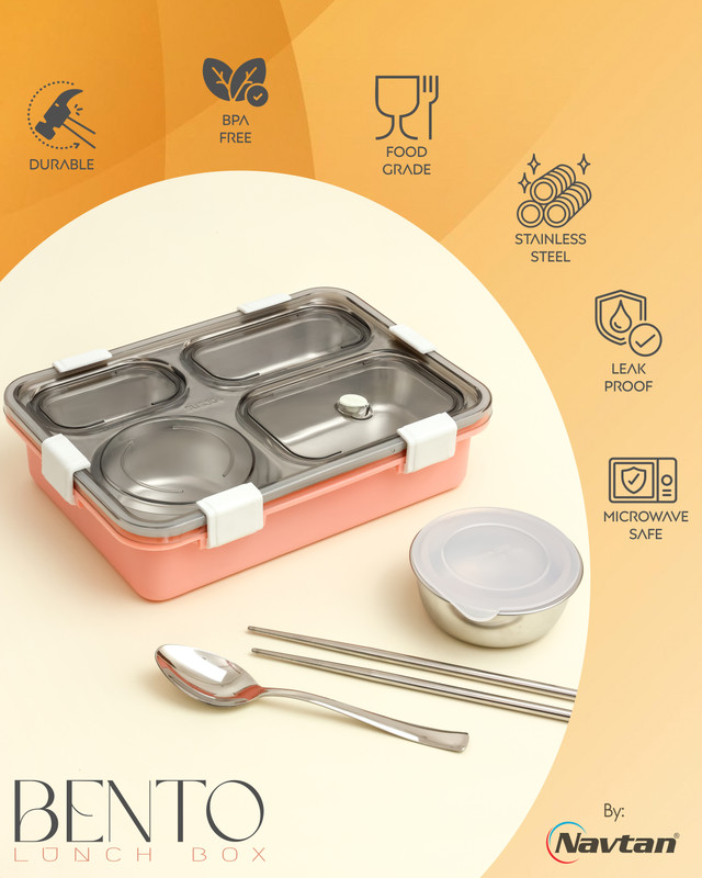 NAVTAN 2-Section Bento Steel Lunch Box with Stainless Steel Quality Chopstick and Spoon 2 Containers Stainless Steel Office Lunch Box(1000 ml)