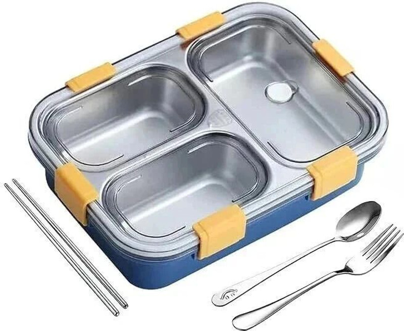KitchenQ Leakage Proof Stainless Steel Lunch Box with Fork,Chopstick & Spoon 3 Containers Stainless Steel School Lunch Box(750 ml)