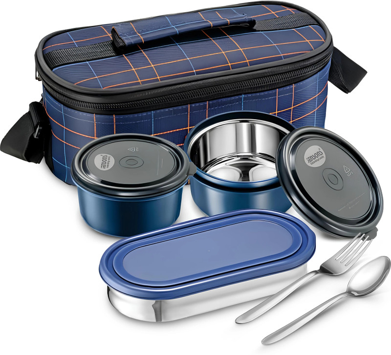Jensons Wonder Series lunch box Comes with Microwave Container ,Chapati box & cutlery 3 Containers Stainless Steel Office Lunch Box(450 ml, Microwave Safe)