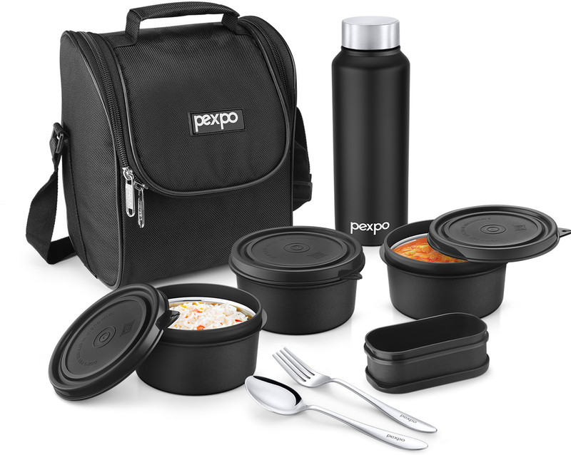pexpo Steel Meal Ultra with Containers (3*350ml), 1 Pickle Box, Bottle(750ml), & Spoon 3 Containers Stainless Steel Office Lunch Box(1050 ml)