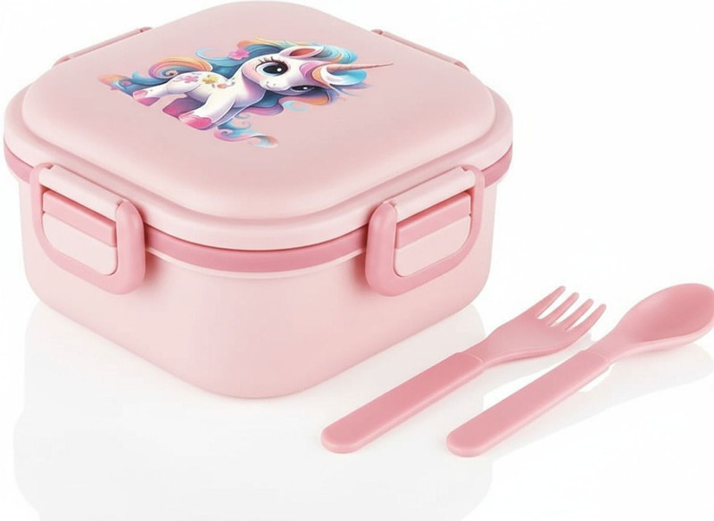 Riseon Cute Pink Unicorn Lunch Box for Kids with Spoon & Fork 2 Containers Plastic School Lunch Box(800 ml, Microwave Safe)
