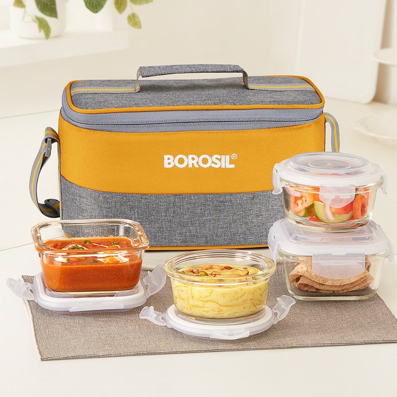 BOROSIL Alora Universal Glass Lunchbox, 4 pc Set (320 ml x 2 + 240 ml x 2) 4 Containers Glass Office Lunch Box(1120 ml)