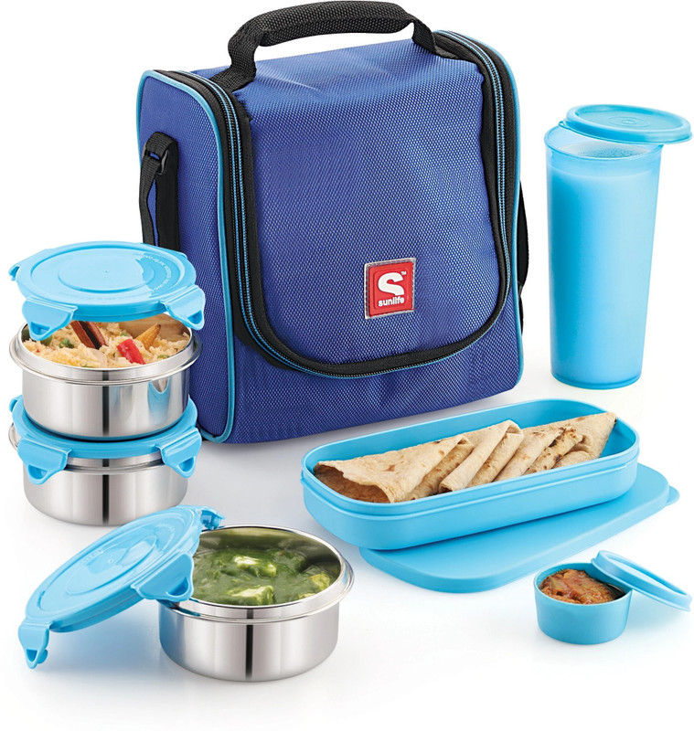 SUNLIFE Refresh7 Combo 6 Pcs Set - Insulated Oval Lunch Carrier (Blue) 6 Containers Stainless Steel Office Lunch Box(350 ml)