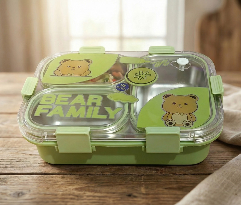 VSELL Bento Bear Family 3 Section Stainless Steel Lunch Box With Spoon & Fork 3 Containers Stainless Steel, Plastic College Lunch Box(750 ml)