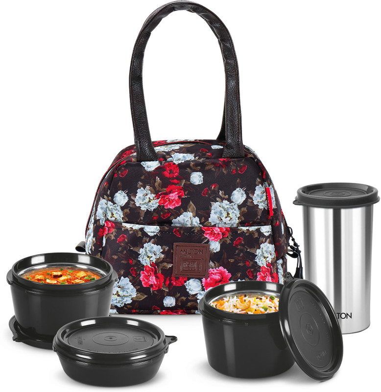 MILTON Floret Tiffin (3 Containers, 180 /320 /320 ml; 1 Tumbler, 415 ml) With Jacket 3 Containers Stainless Steel, Plastic Office Lunch Box(1200 ml)
