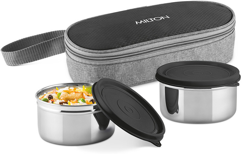 MILTON Plato Pack Small Stainless Steel Lunch Box (2 X 340 ml containers), Jacket Black 2 Containers Stainless Steel Office Lunch Box(340 ml)