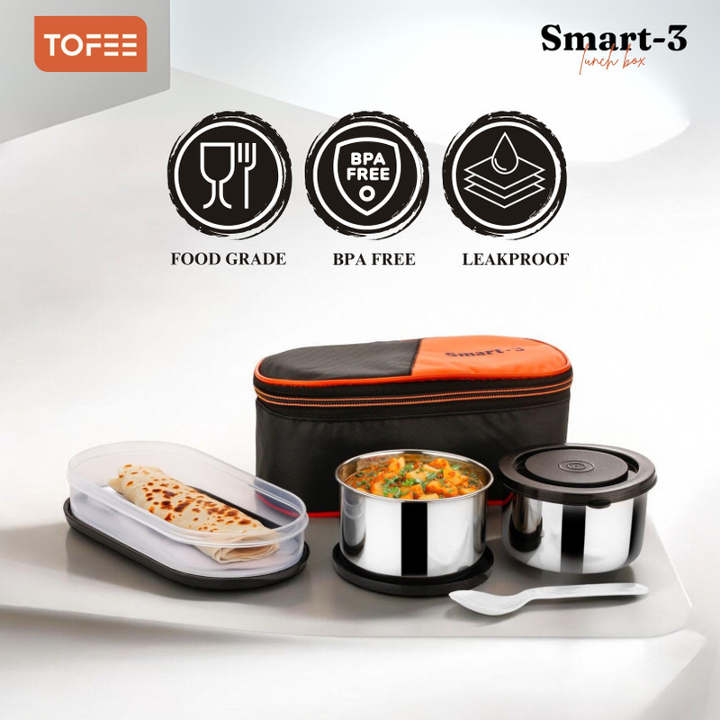 TOFEE SMART-3 2 Inner Steel Containers with 1 plastic container 3 Containers Stainless Steel College Lunch Box(1050 ml)