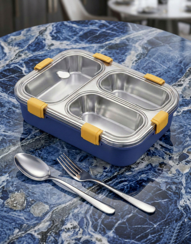 VSELL INSULATED STEEL TIFFIN BOX WITH STEEL SPOON & FORK, AIR TIGHT LUNCH BOX A95 3 Containers Stainless Steel, Plastic Office Lunch Box(600 ml, Microwave Safe)