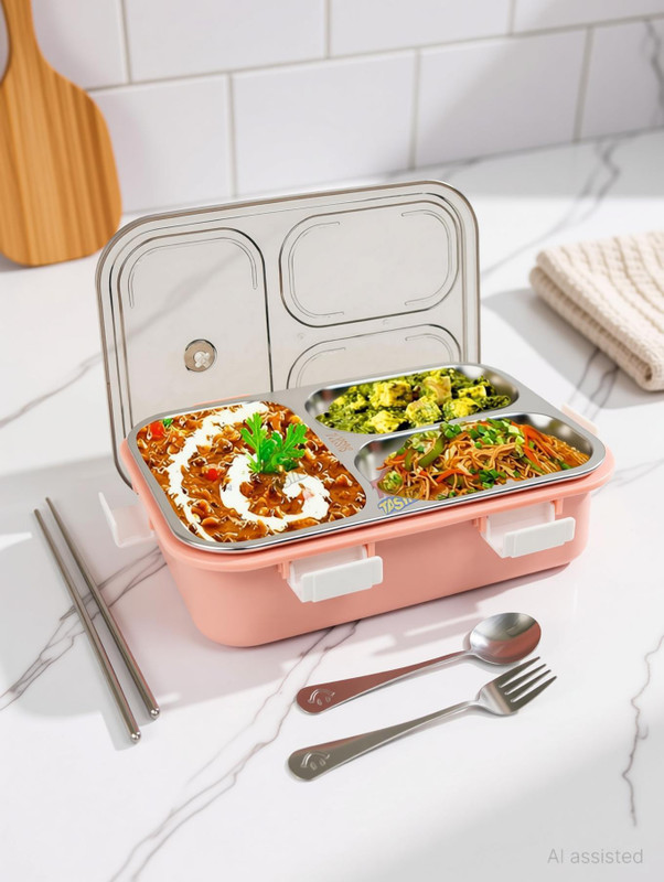 Muktbhav Leak Proof 3 Compartment Stainless Steel Lunch Boxes with Removable Inner Plate 3 Containers Stainless Steel Office Lunch Box(750 ml)