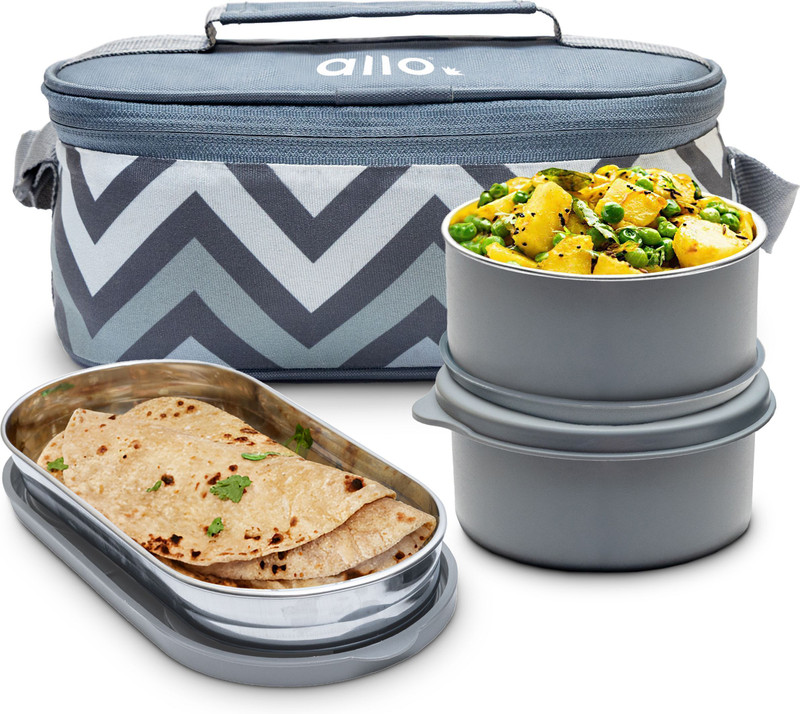 Allo Stainless Steel Lunch Box for Office with Bag, Microwave Safe AirTight, Set of 3 3 Containers Stainless Steel College Lunch Box(1000 ml, Microwave Safe)