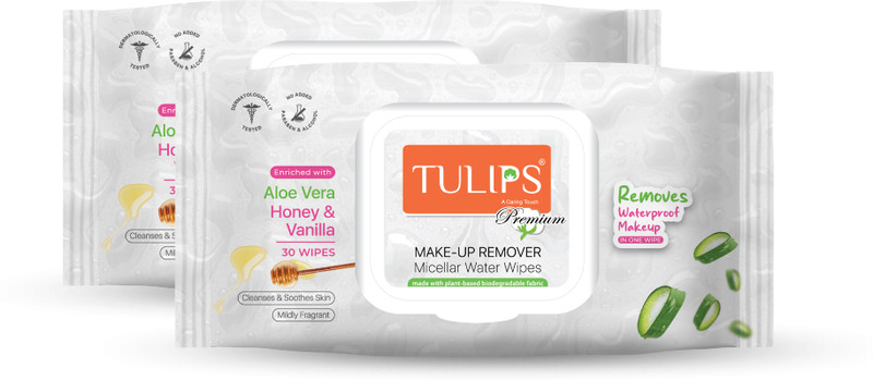 Tulips Premium Makeup Remover Micellar Water Wipes, Cleanses & Soothes Skin Makeup Remover(60 Wipes)