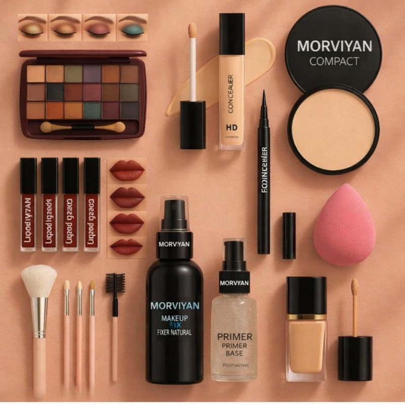 Morviyan pstick,Eyeshadow,Compact,Puff,Primer,Fixer,Foundation(Pack of 10)