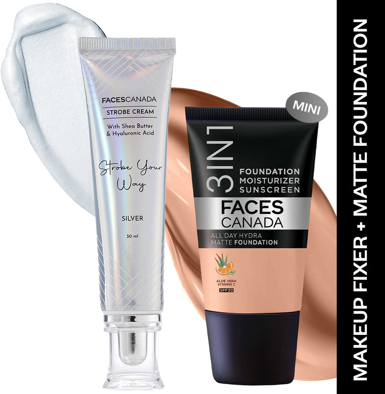 FACES CANADA Rose Gold Strobe Cream (30ml)+Caramel Natural Hydra Matte Mini Foundation (18ml)(Pack of 2)