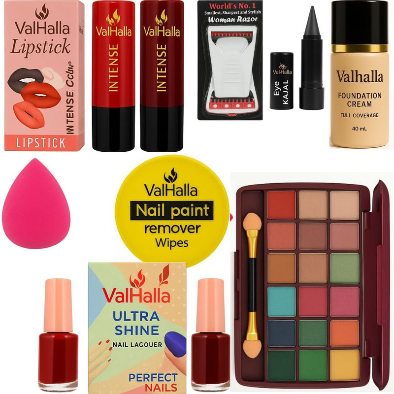 Valhalla Full Face Makeup & Grooming Combo – Lipstick, Foundation, Kajal, Razor & More(Pack of 10)