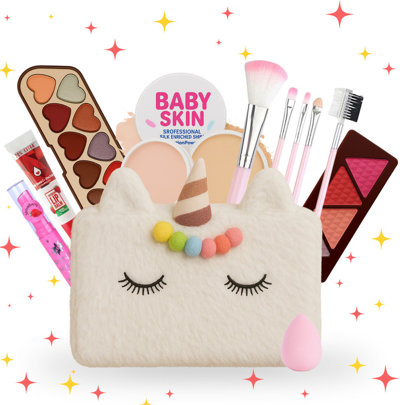 Linivya Kids Makeup Kit for Girls & Teens with Unicorn Fur Bag - Real Safe & Non-Toxic(Pack of 20)