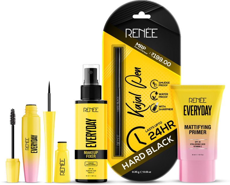 Renee All-Day Makeup Essentials Combo - Makeup-Fixer, Eyeliner, Mascara, Primer, Kajal(Pack of 5)