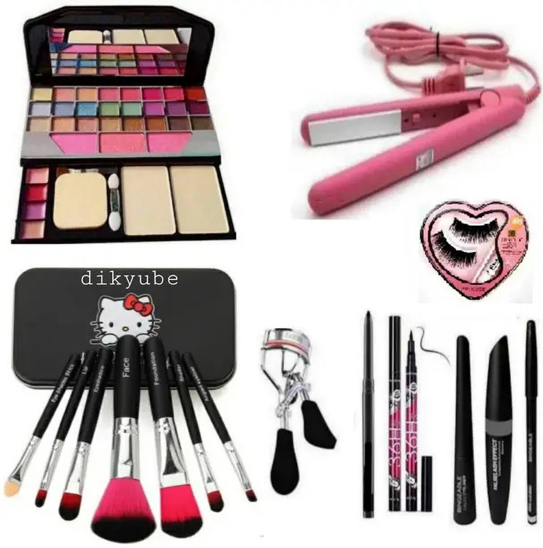 ProTya 6155 makeup kit, 7 black brush set, hair straightener, curler, smudge kajal