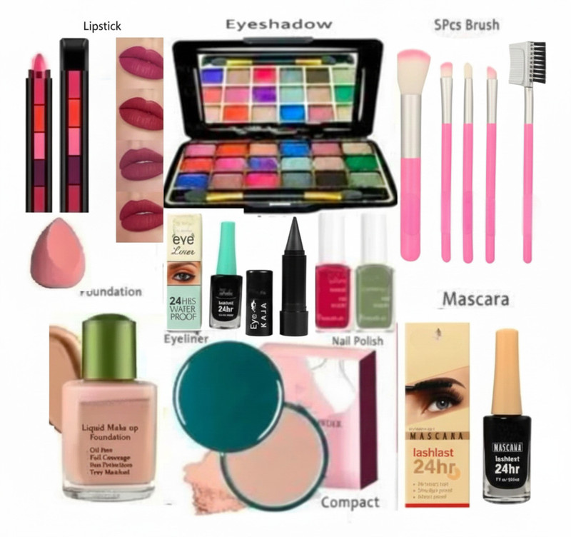 JNONI eyeshadow with eyeliner mascara kajal lipstick nail polish compact & foundation(Pack of 11)