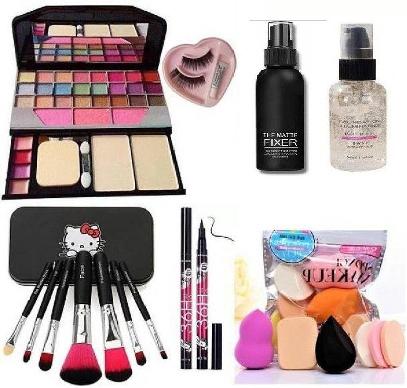 BR Belle Rosa MAKEUP COMBO SET OF 7 , Fashion Makeup Kit + 6 pcs puff sponge + brushes + Face Primer + Makeup Fixer + Yanqjna Eyeliner + 3D Eyelesh Kit with Glue(Pack of 7)