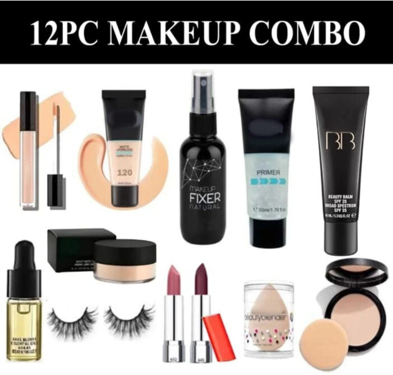 lately makeup kit of fixer primer foundation compact concealer loose powder serum & puf(Pack of 12)