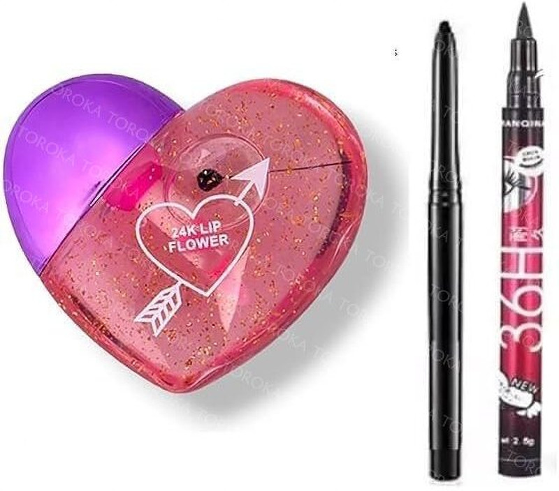 toroka Beauty Combo Of Lip Gloss and 36H Eyeliner And 1 Kajal Pencil-(Pack Of 3)(Pack of 3)