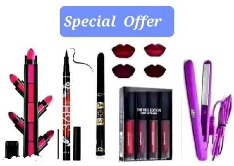 glamblush Red mini lipstick ,red 5 in 1 liptick ,ads kajal ,eyeliner ,hair straightner(Pack of 8)