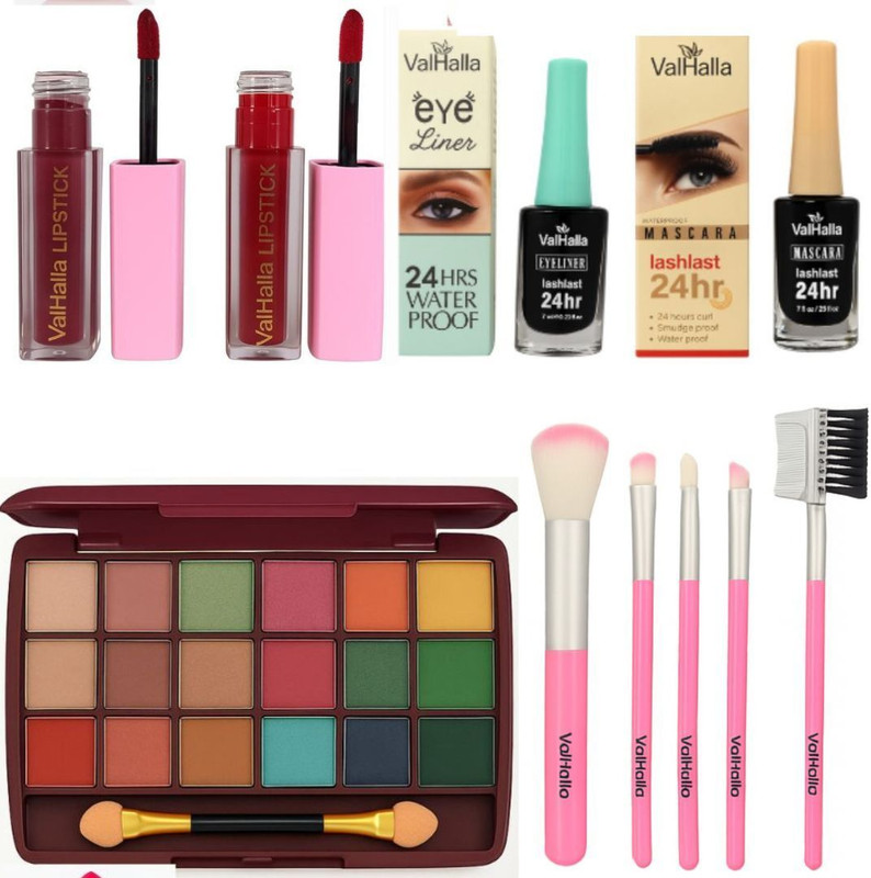 Valhalla Makeup Combo Kit with eyeshadow,brush set,mascara,eyeliner,liquid lipstick(Pack of 6)