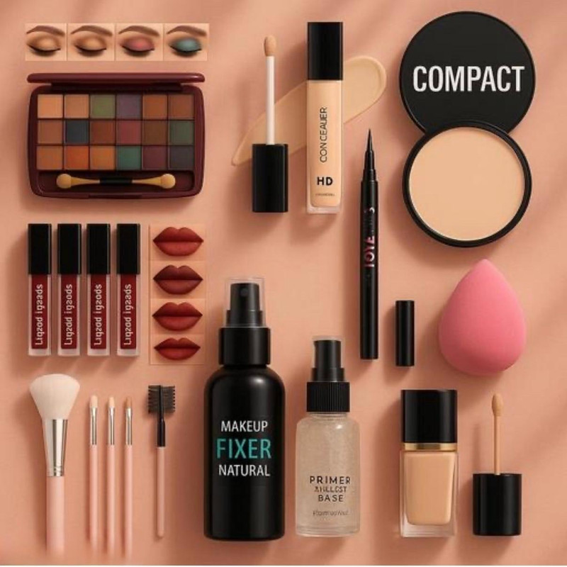 FUSION FLY lipstick,Eyeshadow,Compact,Puff,Primer,Fixer,Foundation(Pack of 17)