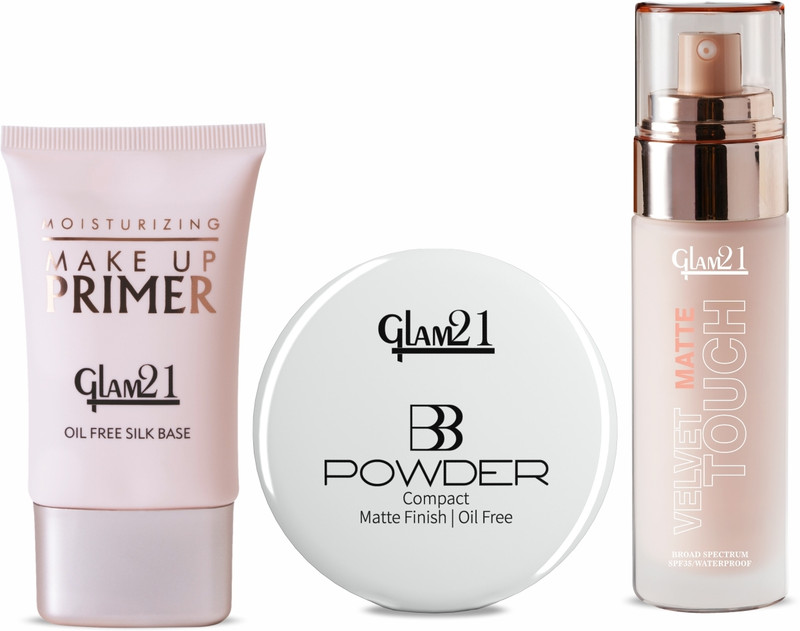 Glam21 Set of 3 Makeup Essentials | Velvet Touch Foundation, BB Compact & Primer(Pack of 3)