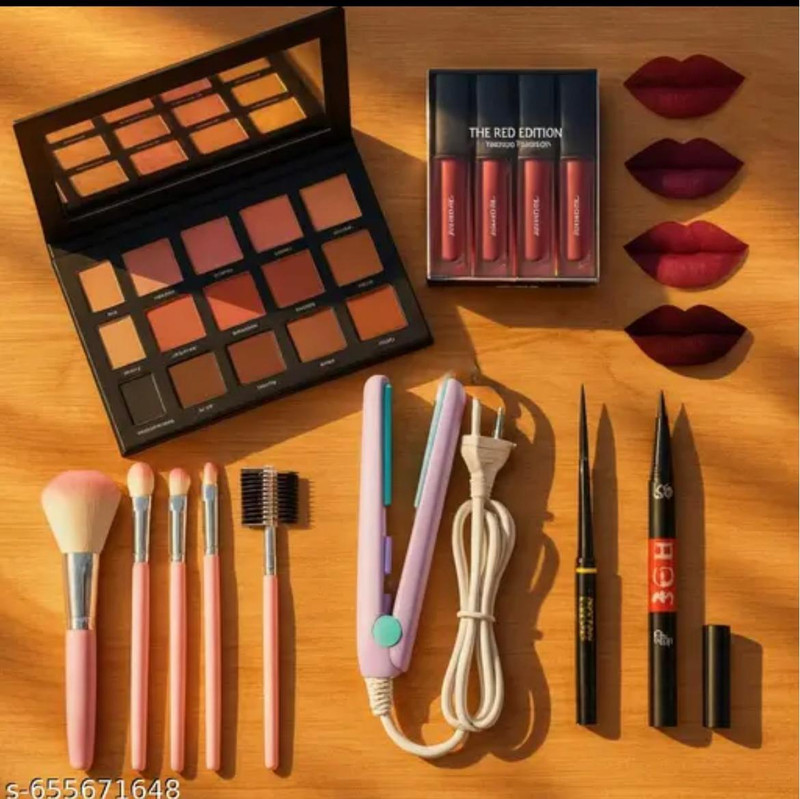 Zenvy 7 in 1 Makeup Combo Kit-eyeshadow+redmini+straightener+5brush+ads+eyeliner