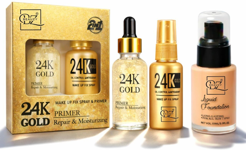 Beauzy 24K Gold Makeup Combo Kit – Primer, Makeup Fix Spray & Liquid Foundation(Pack of 3)