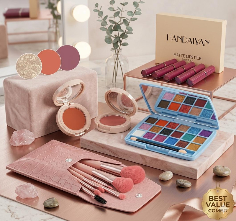 GoFlow eyeshadow 6 red and nude lipsticks with 3in1 blusher with 8 pcs brushes(Pack of 3)