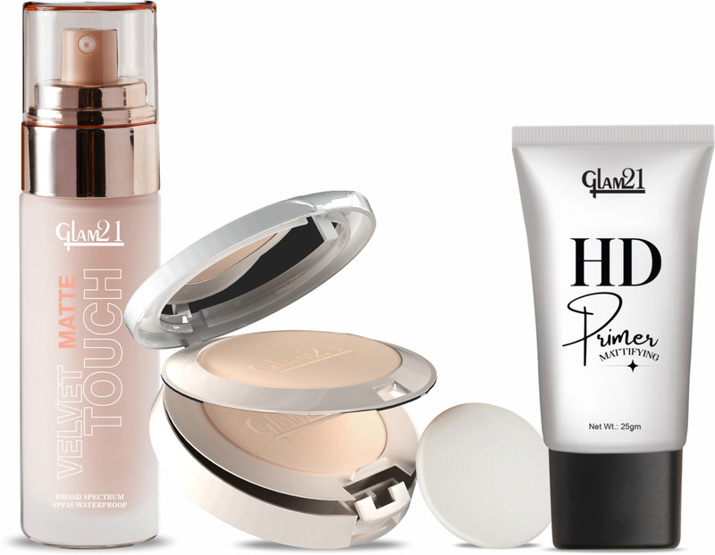 Glam21 Primer, Foundation & Compact Powder | Flawless Long Lasting Matte Base(Pack of 3)