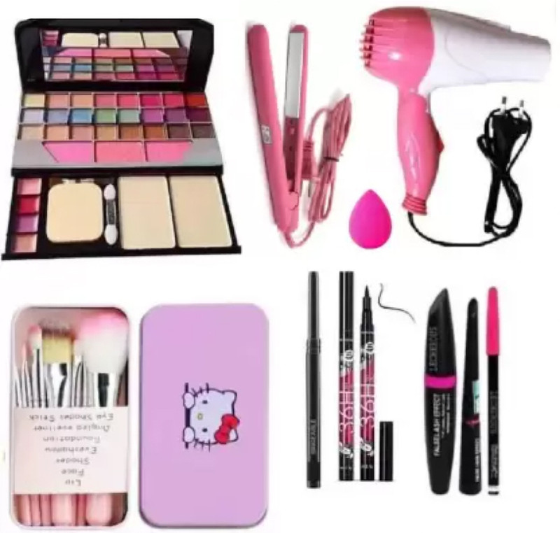 Jocoto MAKEUP KIT,7 BRUSH,DRYER,STRAIGHTENER,PUFF,KAJAL,EYELINER,3IN1 ( PERFECT COMBO )