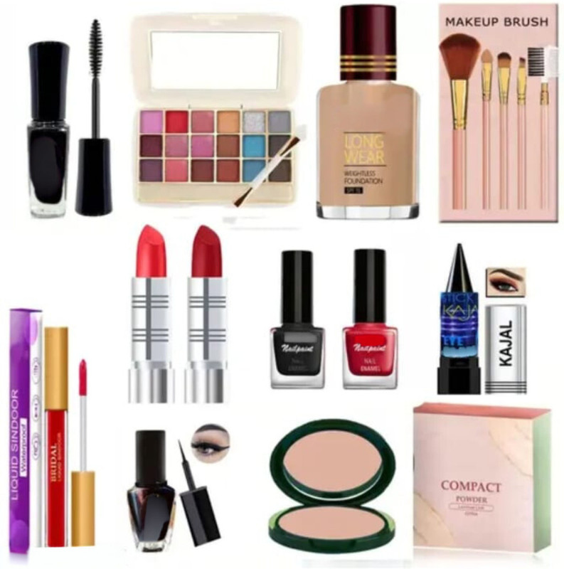 toroka eyeshadow with eyliner mascara kajal lipstick nail polish compact & makeup brush(Pack of 14)