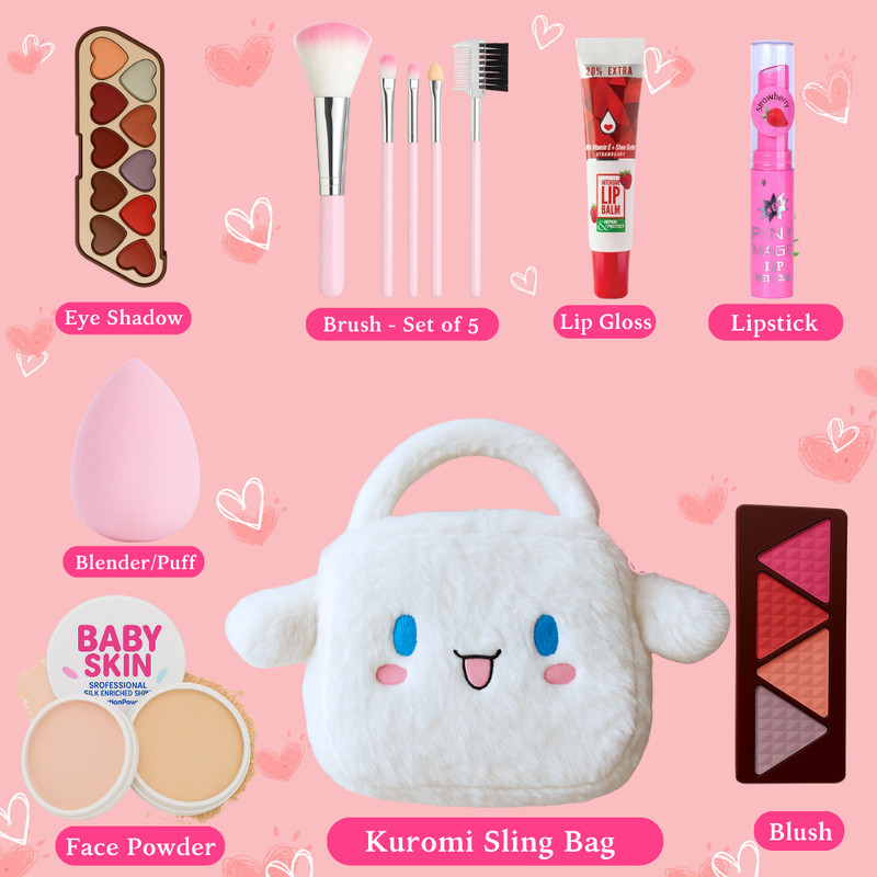 Linivya Makeup Kit for Girls & Teens with Cute Kuromi Bag -Eyeshadow, Lip Balm, etc(Pack of 14)