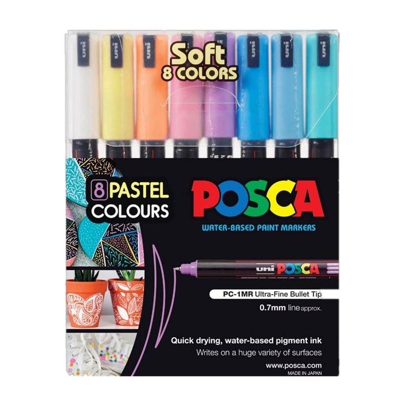 uni-ball POSCA 1MR 0.9-1.3 mm Bullet Shaped Soft Colors | Reversible Tip Markers(Set of 8, Multicolor)