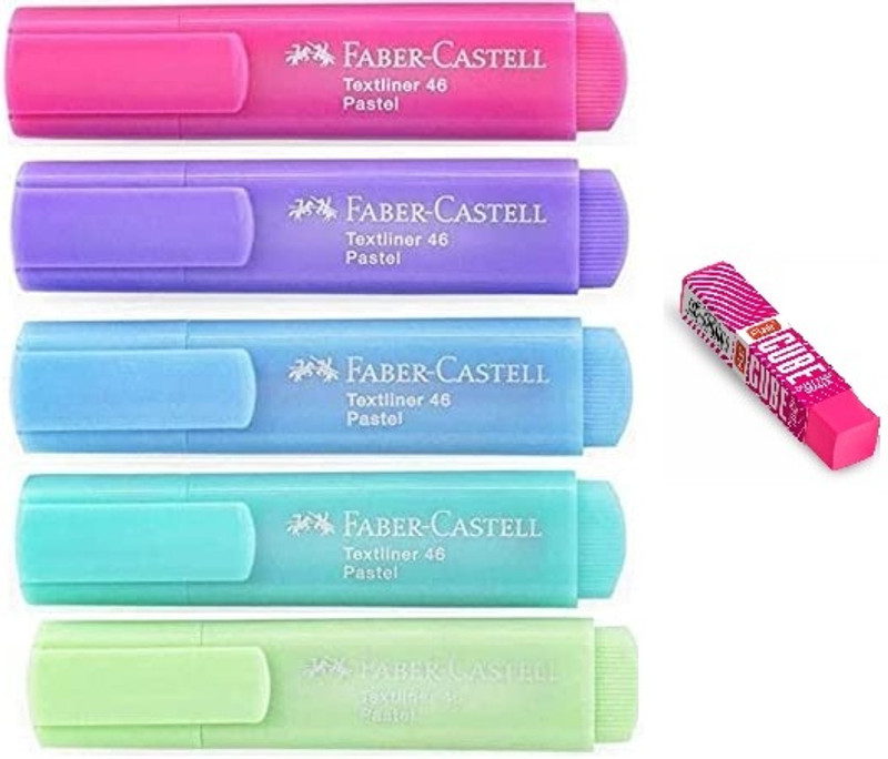 FABER-CASTELL Pastel Highlighter Set Of 5 With Attractive Cube Eraser(Set of 5, Multicolor)