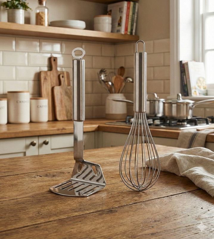 VIVAAN Steel Duo Pro Stainless Steel Potato Masher & Balloon Whisk Set for Kitchen | Steel Masher(Pack of 2)