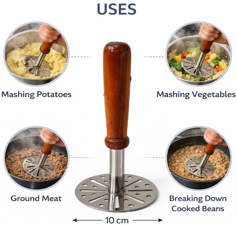 SUSHIEL Potato Masher Wooden Handle Stainless Steel Perforated Round Head Kitchen Tool Steel Masher(Pack of 1)