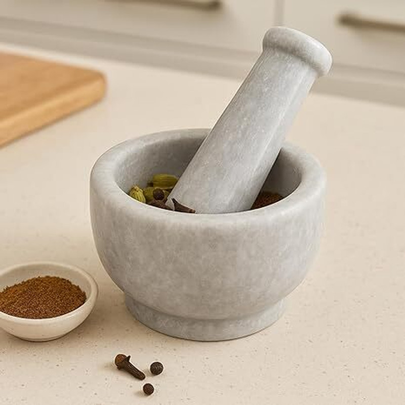 MM Handicraft White Marble Imam Dasta Okhli Musal Kharal Khalbatta Herbal Crusher 4 Inch Marble Masher(Pack of 1)